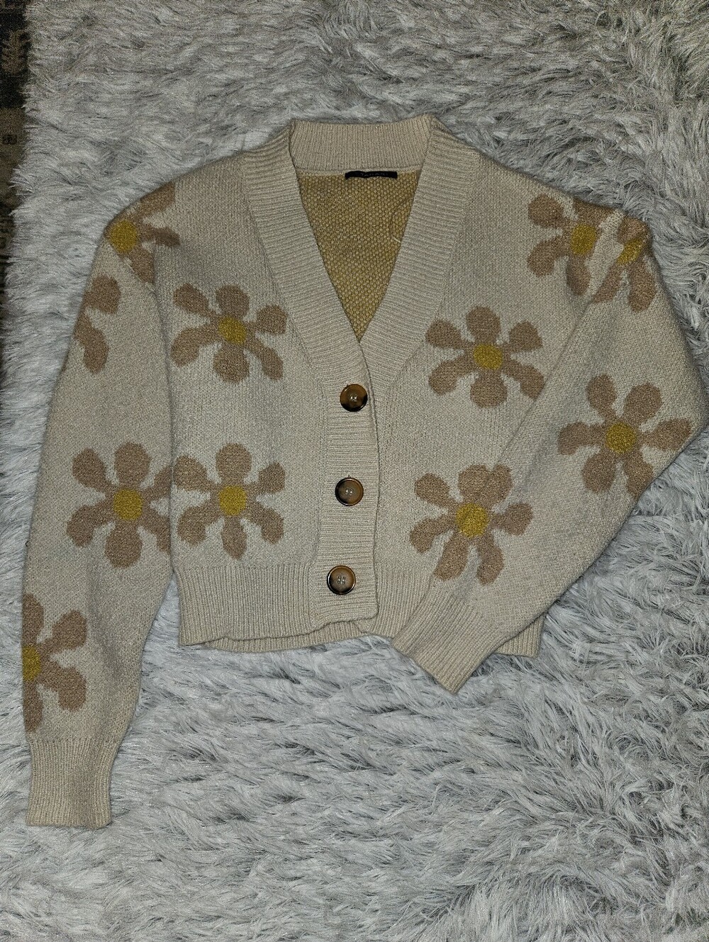 Tahari Daisy Floral Button Cardigan Sweater | Cream | Size Small | Cozy Knit